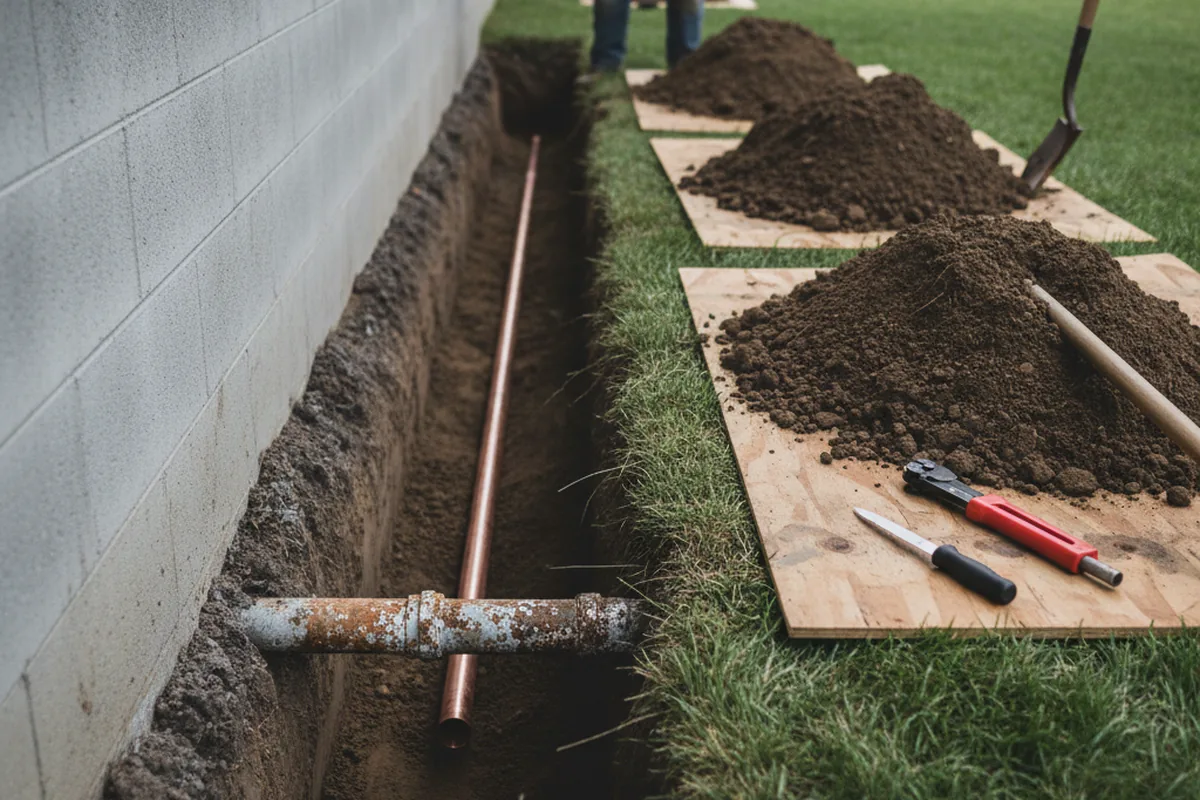 Excavated water line trench during Water Heater Repair in Rome